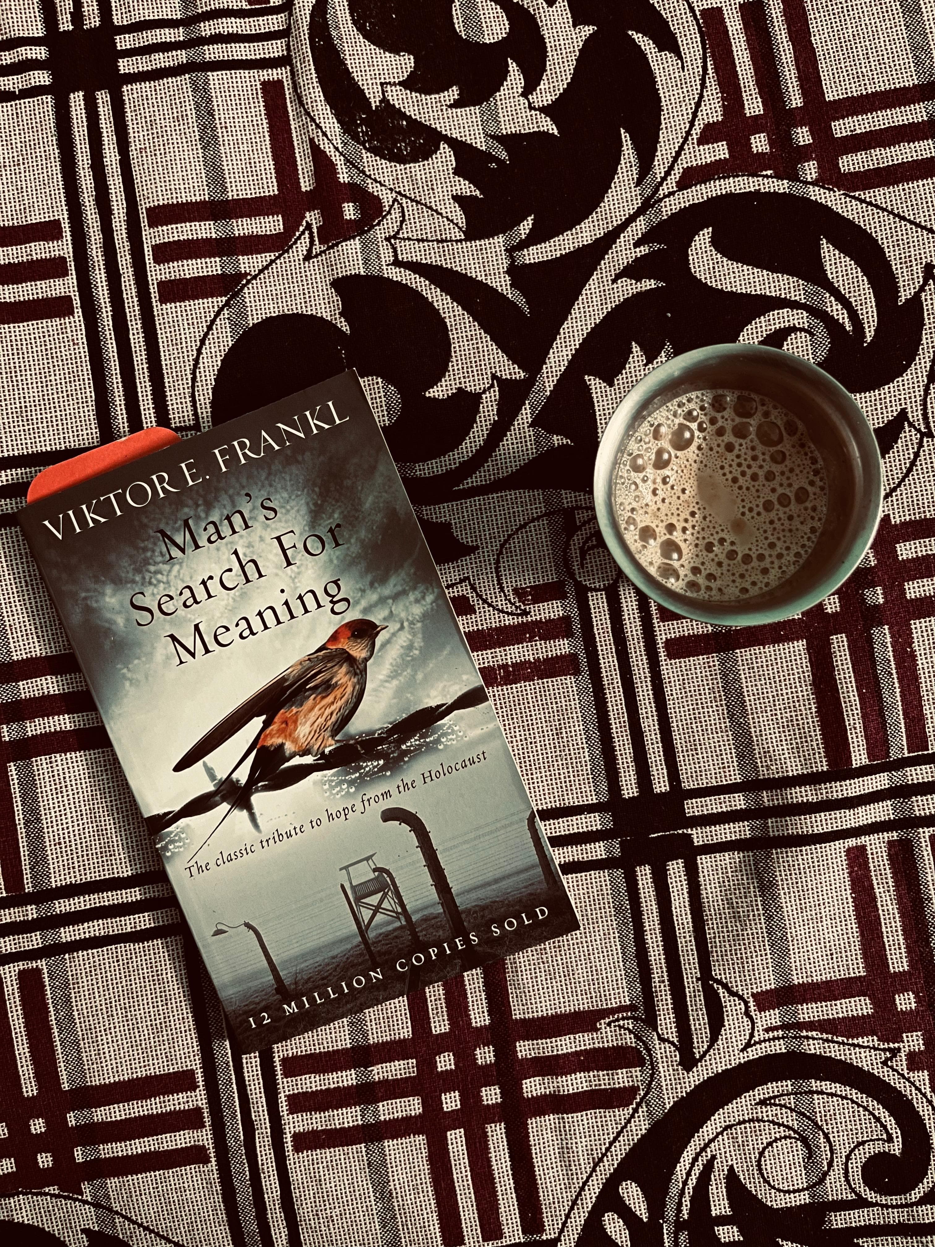 Mans search for meaning with coffee cup